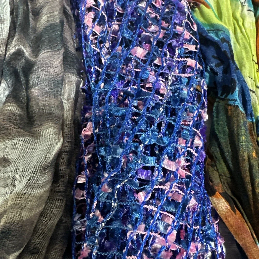 Lot of 7 Assorted Scarves w/ Tree Scarf Hanger Variety of Styles‎ & Fabrics